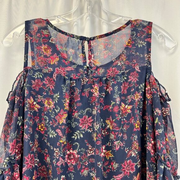 Dressbarn Women’s Cold Shoulder Floral Peasant Top Navy/Multi Size Small Petite - Picture 5 of 8